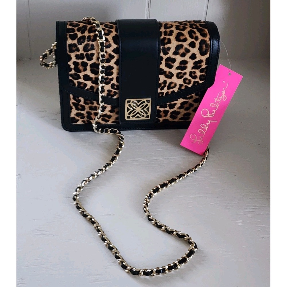Lilly Pulitzer Handbag, NWT Dobson Crossbody Leopard/ Blk   with Gold Chain - Picture 9 of 16